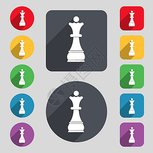 棋设计素材国际象棋皇后图标标志 一组 12 个彩色按钮和一个长长的阴影 平面设计 向量插画