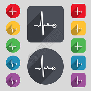 彩色按钮合集心跳图标标志 一组 12 个彩色按钮和一个长长的阴影 平面设计 韦克托设计图片