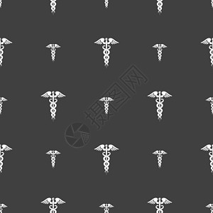 医学标志 灰色背景上的无缝模式 韦克托贴纸帮助药店科学翅膀权杖疾病插图外科情况背景图片