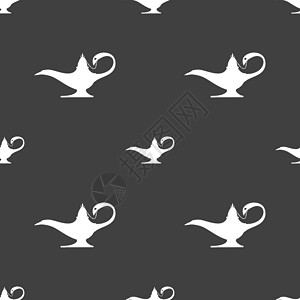白鸟阿拉丁灯精灵标志 灰色背景上的无缝模式 韦克托艺术运气宝藏插图魔法瓶子精灵故事古董欲望设计图片
