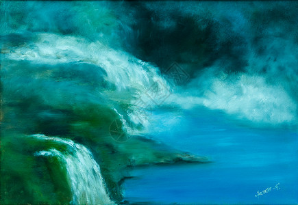 一个大瀑布和几个小瀑布涌入湖中 风景来自挪威西部的哈当厄尔 布面油画 具象艺术背景图片