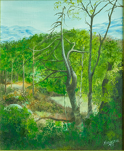 夏日风景画布油画 前景是老枯树 背景是雪山背景图片