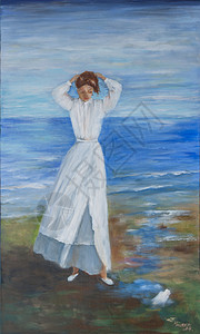 来自大海的女士正在西班牙的海滩上做头发 布面油画背景图片