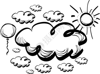 手绘天空与云卡通片插图漩涡绘画气象雕刻草图涂鸦多云太阳背景图片