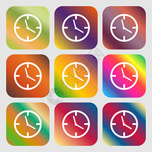 时钟时间标志图标 机械表符号 九个带有明亮渐变的按钮 设计精美 向量背景图片