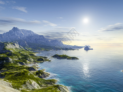 梦幻海岸景观岩石阴影海滩渲染支撑旅行海岸线天空石头海景背景图片