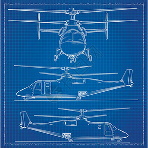 飞机构造直升机图示 蓝印风格插画