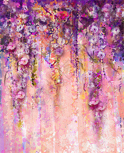 水彩紫藤水彩画 手绘花朵Wisteria树 鲜花和布凯背景