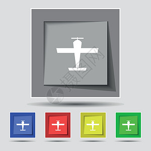原始五个彩色按钮上的平面图标标志 韦克托黑色航班喷射航空货物航空公司插图飞机空气旅行背景图片