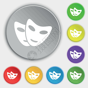 金色粒子面具8个平面按钮上的符号 矢量乐趣面具演员剧院情感网站微笑喜悦快乐悲剧插画