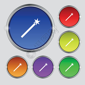 魔法魔杖图标符号 亮彩色按钮上的圆形符号 矢量设计图片