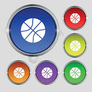 篮球图标符号 亮彩色按钮上的圆形符号 矢量棕色活动剪影收藏黑色篮子绘画竞赛团队学校背景图片
