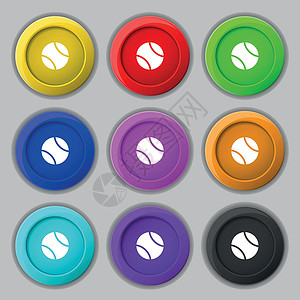 网球图标符号 九圆彩色按钮上的符号 矢量球拍团队娱乐标签训练场地圆圈正方形活动玩家插画