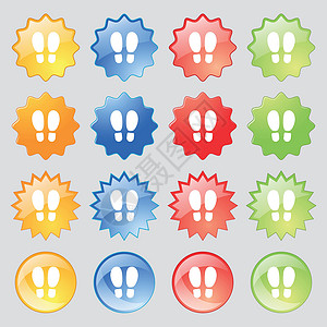 食品级PP食品级图标符号 大套16个色彩多彩的现代按钮用于设计 矢量运动标签人行道婴儿电脑墨水烙印解剖学孩子脚印插画