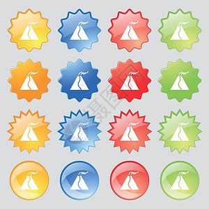 埃特纳活性喷发火山图标符号 大套16个色彩多彩的现代按钮用于设计 矢量设计图片