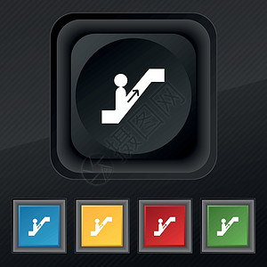 电梯标识升降器图标符号 在用于设计设计的黑色纹理上设置5个彩色 时髦的按钮 矢量插画