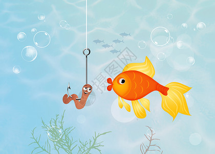 红鱼和蠕虫红色插图气泡动物海洋夫妻火种海上生活钓鱼背景图片