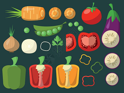 切开的番茄在绿色背景上切开的蔬菜套餐 供设计之用插画
