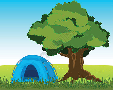 树下帐篷草本植物场地叶子旅游插图休息天空空地旅行绿色背景图片