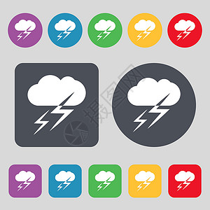 雷雨天气图标天气图标标志 一组 12 个彩色按钮 平面设计 韦克托设计图片