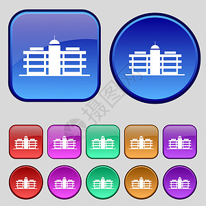 停车库商业中心图标符号 您设计时有一套12个老式按钮 矢量插画