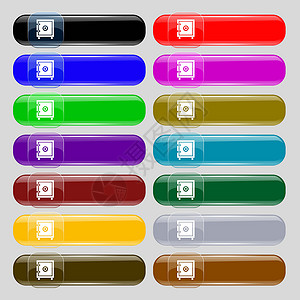 密码设置安全的钱图标标志 设置从十四个多彩多姿的玻璃按钮与文本的地方 韦克托插画