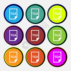 文件格式图标图像类型文件格式 TGA 图标符号 9个多色圆环按钮 矢量插画