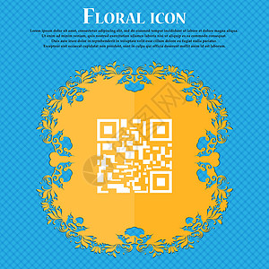 条码扫描器条形码图标图标 蓝色抽象背景上的花卉平面设计 并为您的文本放置了位置 韦克托货运条码代码编码物品艺术扫描技术营销插图设计图片