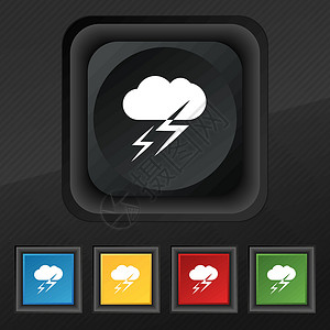 闪电按钮素材天气图标符号 在黑色纹理上设置五个彩色 时髦的按钮 用于设计 矢量设计图片