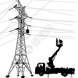 电气塔电工在电线杆上修理 它制作图案矢量安全变压器工人男人车辆马具电压卡车边员维修插画