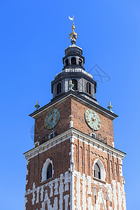 塔克拉波兰克拉科夫蓝天空背景主要市场广场的市政厅大楼(Krakow)背景