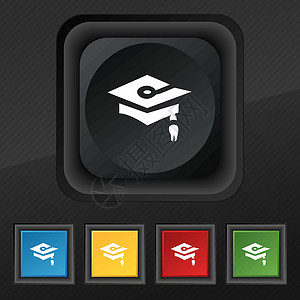 毕业图标符号 为您的设计设置黑色纹理上的五个彩色时尚按钮 韦克托插图知识庆典大学仪式学习砂浆智力学院木板背景图片