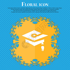 毕业图标符号 Floral 平面设计在蓝色抽象背景上 为文本提供位置 矢量背景图片
