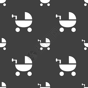 出生日期婴儿推车图标标志 灰色背景上的无缝模式 韦克托车轮摇篮出生运输孩子护理新生婴儿车父母阴影插画