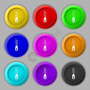 克久拉霍拉链图标标志 九个圆形彩色按钮上的符号 韦克托口袋裁缝离别黑色纺织品插图装饰划分压缩风格设计图片