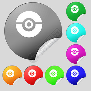 精灵球pokeball 图标符号 一组 8个多色圆环按钮 标签 矢量插画