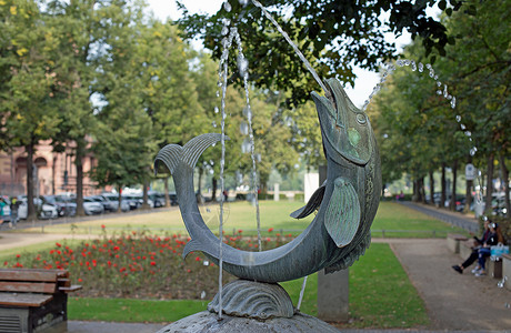Mainz 的喷泉鱼开源地用German字粉笔树木石灰石青铜贝壳石球鲱鱼背景图片