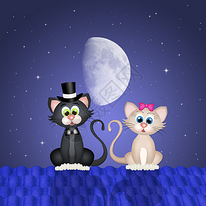 屋顶上的猫情侣庆典卡通片婚姻插图猫科动物动物婚礼问候语背景图片