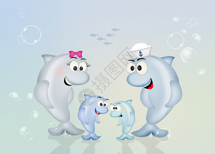 水手们海豚的家族夫妻插图爸爸妈妈海洋哺乳动物家庭水手明信片水手帽背景