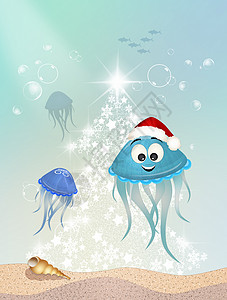 Jellyfish 庆祝圣诞节海上生活卡通片触手海洋插图明信片水族馆动物背景图片