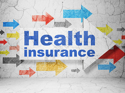 保险概念箭头与垃圾墙背景上的健康保险金融安全事故建筑地面蓝色渲染房间指导水泥背景图片
