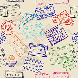 穿越欧洲毛笔字无缝纹理与真正的签证邮票边界异国海关护照游客部门国家安全入口情调插画