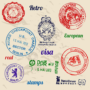 申根签证一套真正的柏林墙邮票安全飞机场插图商业国家收藏部门边界文档控制插画
