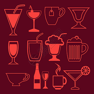 饮中八仙酒吧和饮料图标设置在线性样式中插画
