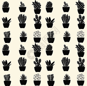 黑色植物花纹无缝仙人掌图案 - 说明插画