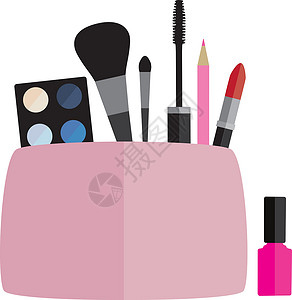化妆品袋矢量向上加袋褐色眼线笔眼影收藏化妆品抛光红色粉末女性刷子插画