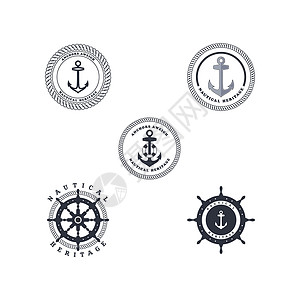 航海徽章水下锚定主题古董白色金属海洋插图航海黑色安全黑与白背景
