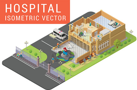 医院鸟瞰图等距矢量医院车站人行道x光创伤医生核磁共振民众护士房子轮椅插画