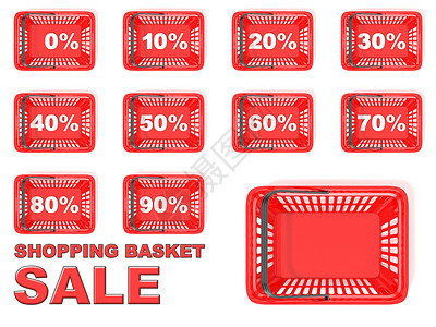 3元优惠券红色购物篮销售标签的集合 折扣标志  3个背景