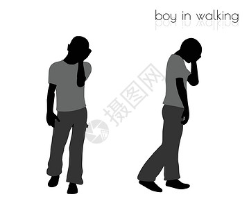 跺脚男孩在白色背景下行走姿势男性喧嚣阴影冒充插图剪影黑色孩子远足男生设计图片